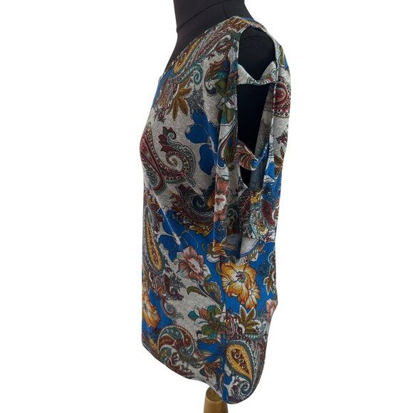 Lavish Brand Blue Floral Print Top With Sleeve Cutouts, Size Medium - Picture 2 of 7